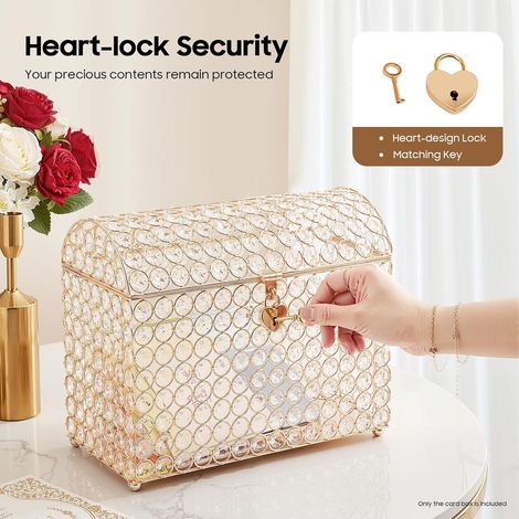 Boîte à cartes de mariage dorée avec cadenas en forme de cœur et clés - Boîte en verre pour cadeaux, invitations - Boîte aux lettres décorative pour mariage, anniversaire (1/5)