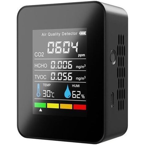 Moniteur de qualité de l'air Détecteur de CO2 d'intérieur 5 en 1 Testeur de formaldéhyde HCHO TVOC Testeur LCD de température et d'humidité Compteur d'alarme CO2 rechargeable pour chambre Bureau Serre (1/5)