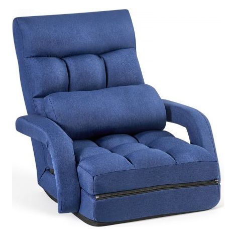 Sillón de Suelo Relax, Sillón Reclinable con Respaldo y Reposabrazos, Ajustable en 5 Posiciones, Cojín de Soporte, Marco de Metal Tapizado de Lino, para Descanso Lectura Relajar, Azul Oscuro (1/5)