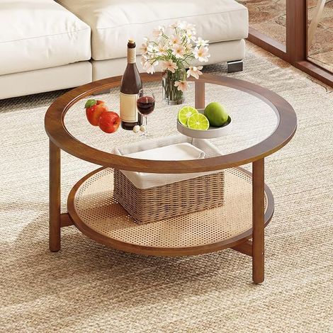 Round Tempered Glass Coffee Table, Synthetic Rattan Shelf (1/5)
