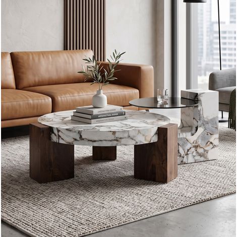 Buffet lot de tables rondes 61/44 cm, plateau effet marbre et pieds noirs en L (1/5)