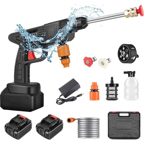 Nettoyeur Haute Pression sans Fil Portable Max 90 Bar avec 2 Batteries, Buse Multi-pulvérisation 6 en 1, Tuyau de 5M, Lance D'extension, Outil de Nettoyage de Voiture en Plein Air (1/5)