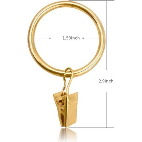 Lot de 40 anneaux de rideau en métal avec clips, crochets pour rideaux, crochets décoratifs pour tringle à rideau, œillets de 3,8 cm de diamètre intérieur, placage antirouille couleur or (1/3)