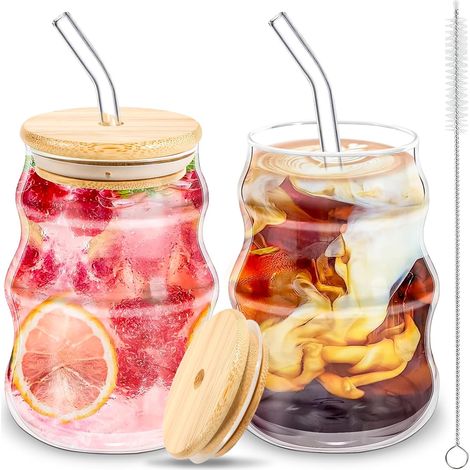 Lot de 2 Verres à café, Verre borosilicate, Design ondulé, Couvercle et paille, Pour maison et bar (1/5)