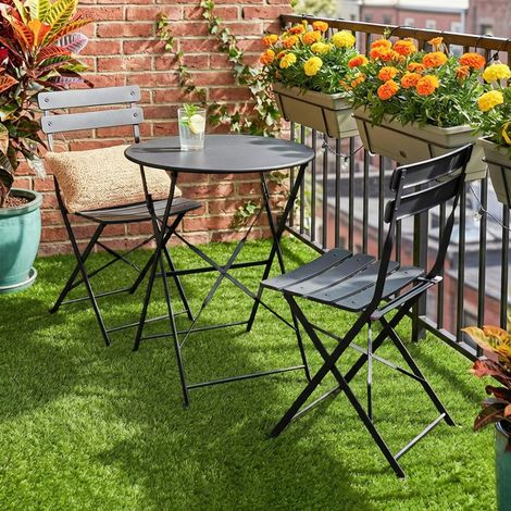 Conjunto de bistró de jardín de 3 piezas: mesa y 2 sillas plegables con listones, doble protección anticorrosión, color negro.