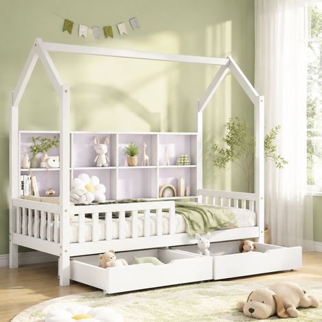 CHICFURN Cama cabaña infantil 90x200 cm de pino blanco con almacenaje y barreras, sin colchón (1/5)