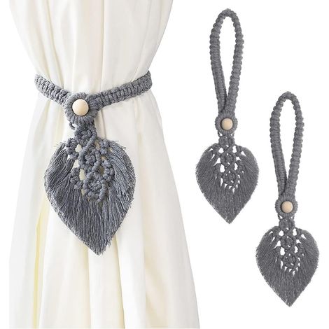 2 embrasses Boho embrasses de Rideaux, Feuilles Coton macramé Pinces à Rideaux,gris (1/5)
