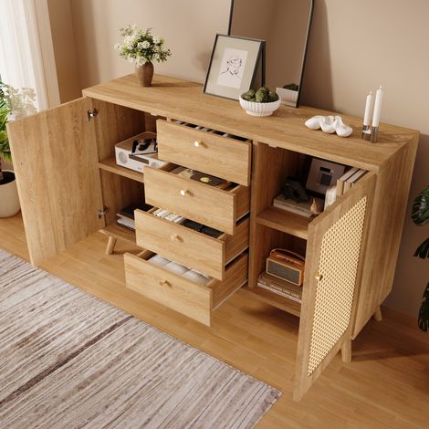 MEUBLIV Sideboard 140x40x86 cm Eiche hell – 4 Schubladen und 2 Türen (1/5)