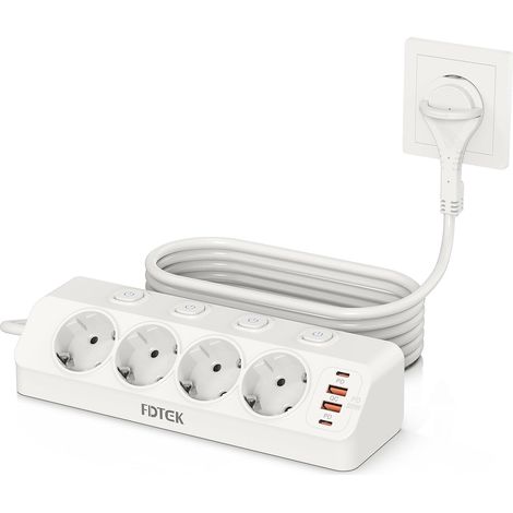 Prise d'angle avec Interrupteur, PD 20W Multiprise avec Fiche Plate 4 Prises avec 2 USB C+2 USB A, Prise de Table Protection Contre Les Surtensions avec Rallonge de 2M pour Maison et Bureau (1/5)