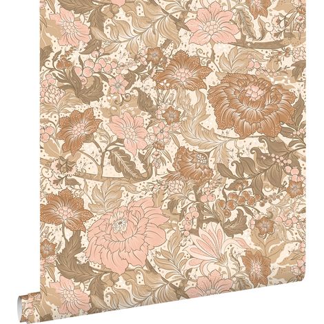 papier peint fleurs vintage rose clair, marron et taupe - ESTAhome (1/5)