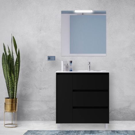 85 cm bodenstehender Badezimmerschrank aus satinschwarzem Holz mit Waschbecken – Nova - Mit Doppelsäule Lampe - Accessorio: Con colonna specchio e lampada LED