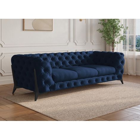 Deco in paris canape 3 places chesterfield en velours bleu capitonnage soigne pieds en metal noir dimensions 227x93x75cm (1/5)
