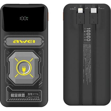 AWEI Powerbank mit integriertem Lightning-/USB-C-Kabel P77K 10000mAh schwarz/schwarz 22,5W (1/4)