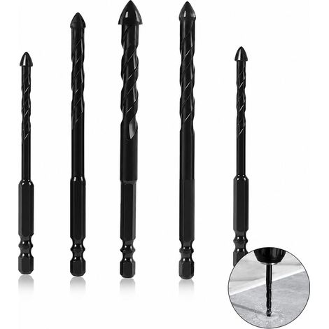 5Pcs Forets Hélicoïdaux en Carbure de Tungstène 6-12mm, Mèche à Carrelage, Mèches pour Carrelage en Verre, Foret à Croix Quatre Arêtes Compatible Perceuse, Forets Polyvalents Pour Bricolage (1/5)