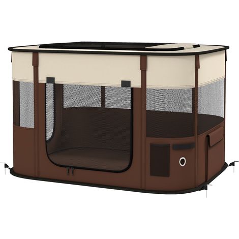 Foldable Dog Pen  Storage Bag for IndoorOutdoor Use- Portable Pet playpen-  Ground Stakes -- Brown (1/5)