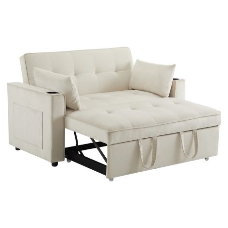 Sofá cama, respaldo regulable, sofá de 2 plazas con portavasos y bolsillo lateral, para el salón o el dormitorio, de terciopelo, beige (1/5)