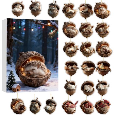 Guirlande De Décor De Noël - 24 Ornements En Acrylique En Forme De Chêne Et D'animaux De Forêt - Calendrier De L'avent Pour Arbre De Noël - 1 Pièce (1/5)