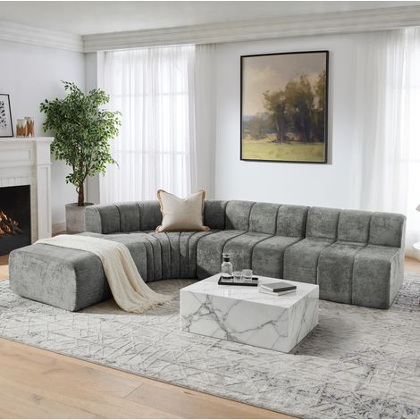 Canapé d’angle modulaire en chenille, modules librement combinables, assises confortables pour salon - gris