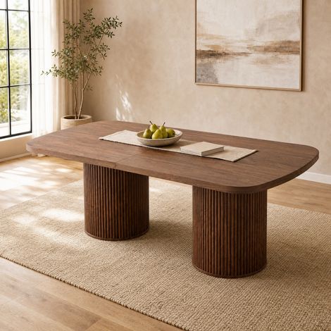 Table à manger ovale en MDF coloris noyer, piètement cannelé, pour 6 à 8 personnes