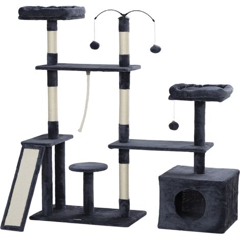 Arbre à chat 134 cm avec nids, plateformes, balles et poteaux en sisal gris foncé (1/5)