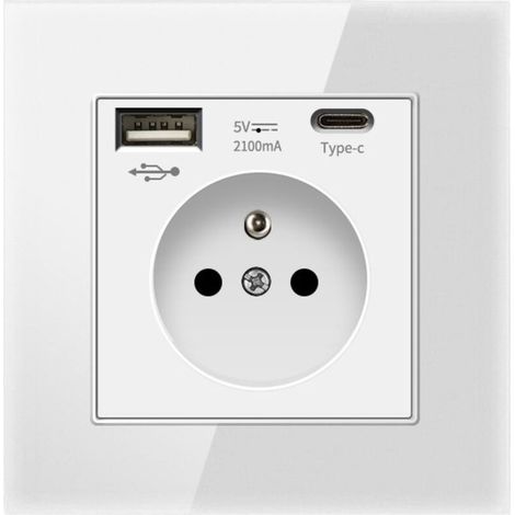 Wall socket with USB and Type-C, Glass power outlet with USB, 2.1A output, 16 Amp current, 240V, 86mm, White