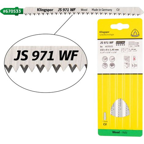 Klingspor JS 971 WF Stichsägeblätter, 132 x 8 x 1,45 mm Nutzlänge 110Crom-Vanadium, kreuzgeschliffen, konisch , 12 Zähne pro Zoll, SB-verpackt im Kart