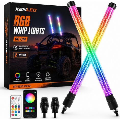 Kit 2x Whip Lights LED RGB XENLED 60 cm – Antennes lumineuses spiralées avec drapeaux, application Bluetooth et télécommande