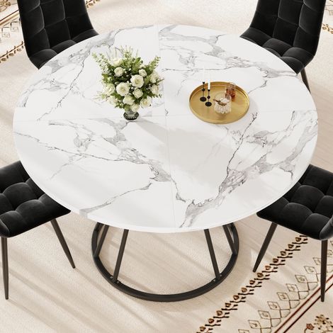 Lot de 5 pièces : table ronde repas 100x100x76 cm + 4 chaises noires en velours, table basse assortie pour 4 personnes, plateau marbre.