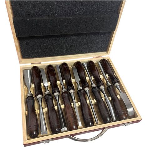 Ensemble de 12 ciseaux à bois Acier haute qualité pour sculptures détaillées Longueur 220 mm Largeur 7 à 26 mm Ergonomiques pour maillet