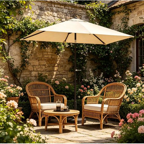 Parasol de balcon en métal beige, toile polyester UPF 50+, inclinable avec manivelle, avec housse, sans base (1/5)