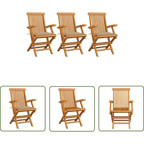The Living Store Gartenstühle mit Beige Kissen 3 Stk. Massivholz Teak - Gartensessel - Gartenmöbel - Teak Gartenstuhl - Holzsessel - Outdoor Sessel (1/5)