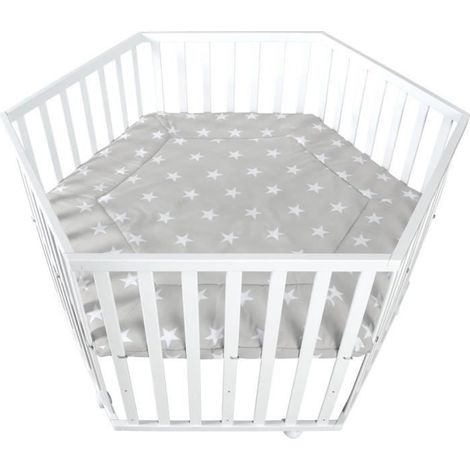 Babyspielplatz hexagonal - ROBA - KLEINE STERNE - Höhenverstellbar - Gepolsterter Bezug - Feststellräder - Lackiertes Holz in Weiß - Stern-Motiv (1/5)