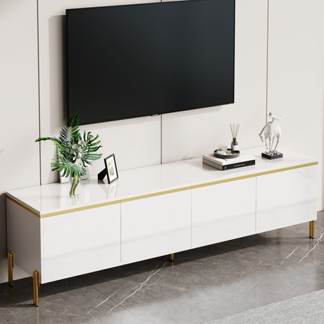 REDOM Meuble TV 170x38x50 cm 4 portes, passe câbles, pieds en métal, panneau de particules, blanc (1/5)