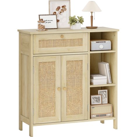 Buffet, meuble de rangement, 2 portes en rotin, tiroir, niches ouvertes, étagères réglables, 75x30x79,5cm, bois naturel