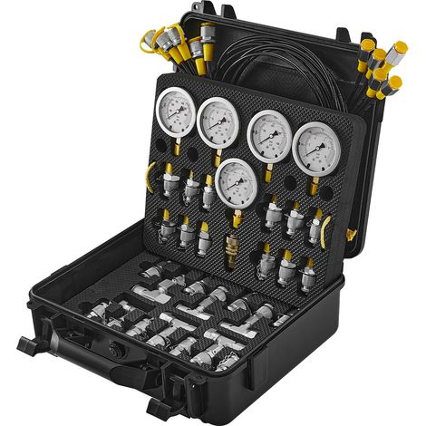Kit de test de pression hydraulique 10-600 bar, 5 manomètres, 13 raccords, 14 tés, 5 flexibles, avec valise, pour excavatrices et engins. (1/5)