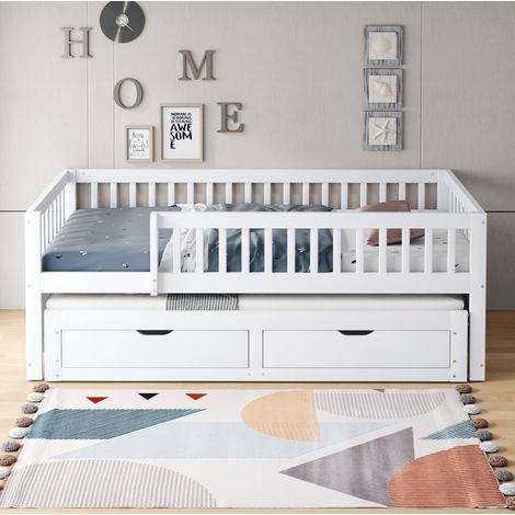 Sofá cama multifuncional (205x95x77.5 cm), con cama extraíble y dos cajones, con barrera de seguridad, madera, blanco (1/5)