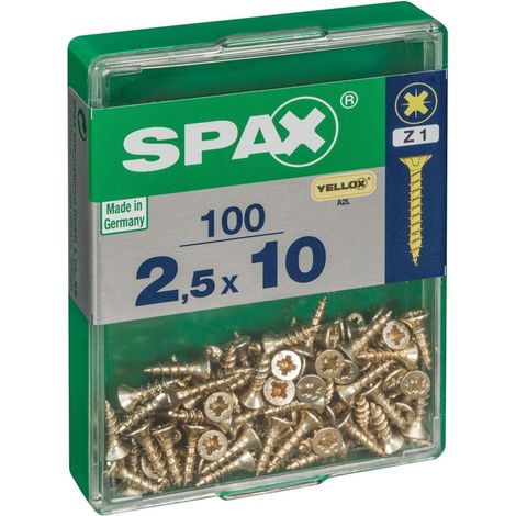 Caja de 100 unidades de tornillo para madera Spax con cabeza plana en Yellox 2,5x10mm Spax (1/4)