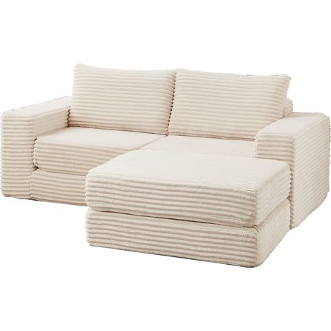 Divano letto modulare in velluto a coste beige con 2 cuscini e pouf rimovibile (1/5)
