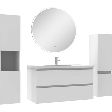 Ensemble meubles Salle de Bain 100cm vasque + colonne + miroir rond mural Blanc (1/5)
