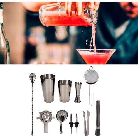 11-teiliges Cocktailset aus Edelstahl, bestehend aus Shaker, Barsieb und Absaugpistole, schwarz (1/5)