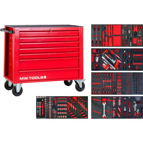 Mw Tools – Servante d'atelier roulante rouge XL 514 outils – 7 tiroirs avec modules en mousse – Dimensions 1135x475x960mm – MWE512G3R (1/5)