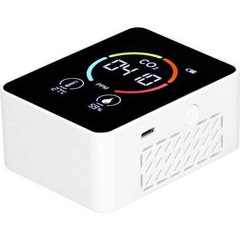 Kohlendioxid-Detektor, Halbleiter, USB-Ladefunktion, LCD-Display, Temperatur- und Feuchtigkeitsmessung, Luftqualitätsanzeige, Weiß (1/5)