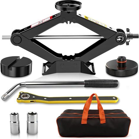 Cric Voiture 1,5T, Cric à Ciseaux Kit avec Clé à Cliquet, Levier Télescopique pour Pneus et 2 Patins en Caoutchouc, pour Voitures Berlines Camionnettes et SUV (1/5)