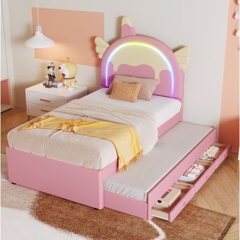 Cama infantil de PU rosa 90x200 cm con cama nido extraíble, cajones y cabecero de unicornio (1/5)
