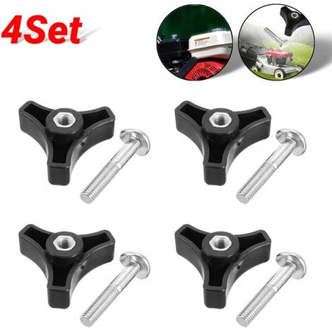 4 lawnmower handle bolts, 4 lawnmower handle bar nuts, triangular handle knob screws (1/4)