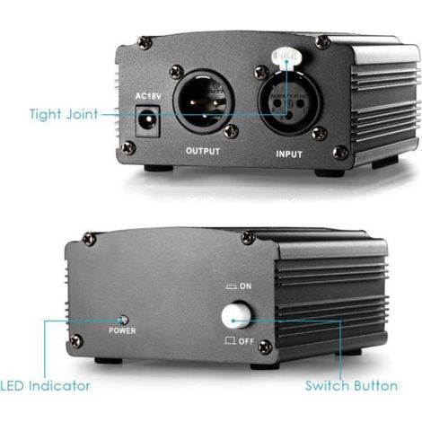 1- Canal 48V Alimentation Fantôme Noir avec Adaptateur et Un XLR Câble Audio (1/4)