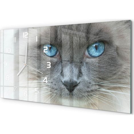 Horloge Murale Décoration Murale XXL 60x30 cm Verre Trempé Élégante Le chat aux yeux bleus (1/5)