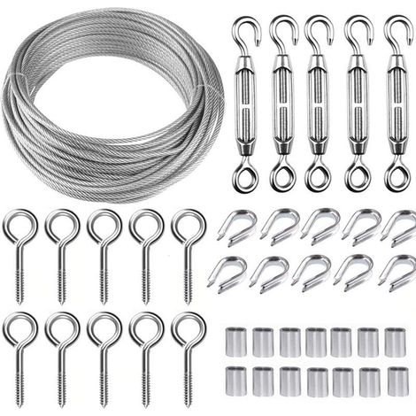 Kit d'accessoires pour rideaux en câble d'acier plastifié de 5 mètres (cordon de tirage pour rideaux d'intérieur et d'extérieur, câble d'acier, accessoires d'installation inclus)