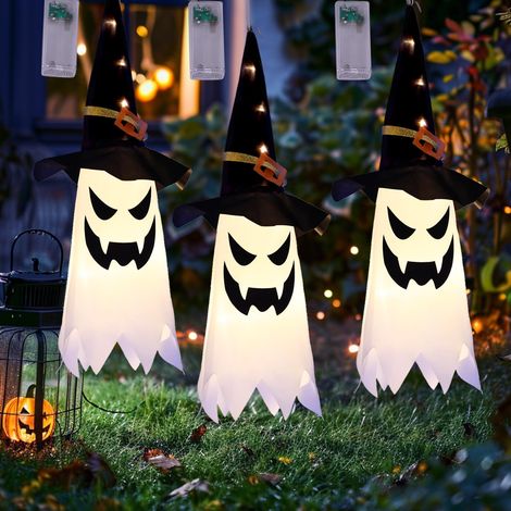 Décorations d'Halloween : grands chapeaux de sorcière fantômes lumineux à suspendre, longue durée de vie, éclairage intense pour l'extérieur, porche, cour, arbre, intérieur, 80 cm, lot de 3 (1/5)