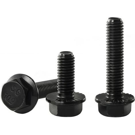 Boulon à bride hexagonal M12 × 1,75 40 mm, acier carbone classe 10.9, DIN 6921, noir zingué, filetage complet, 5 pièces (1/5)